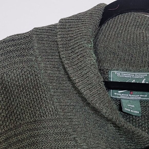 Vintage Woolrich Mens Chunky Knit Sweater Size L Olive Green Shawl Collar Wool - Picture 3 of 14